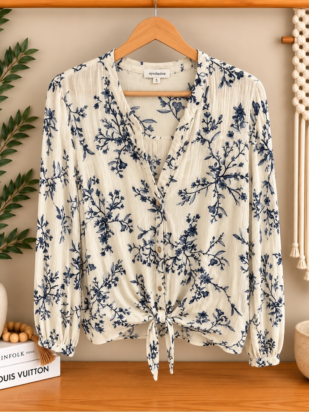 eyeshadow Cream Floral Tie-Front Blouse